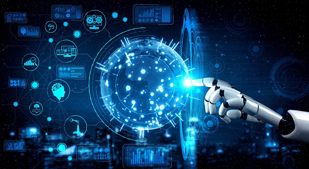 Une main robotique touche une sphère reliée à beaucoup de systèmes.